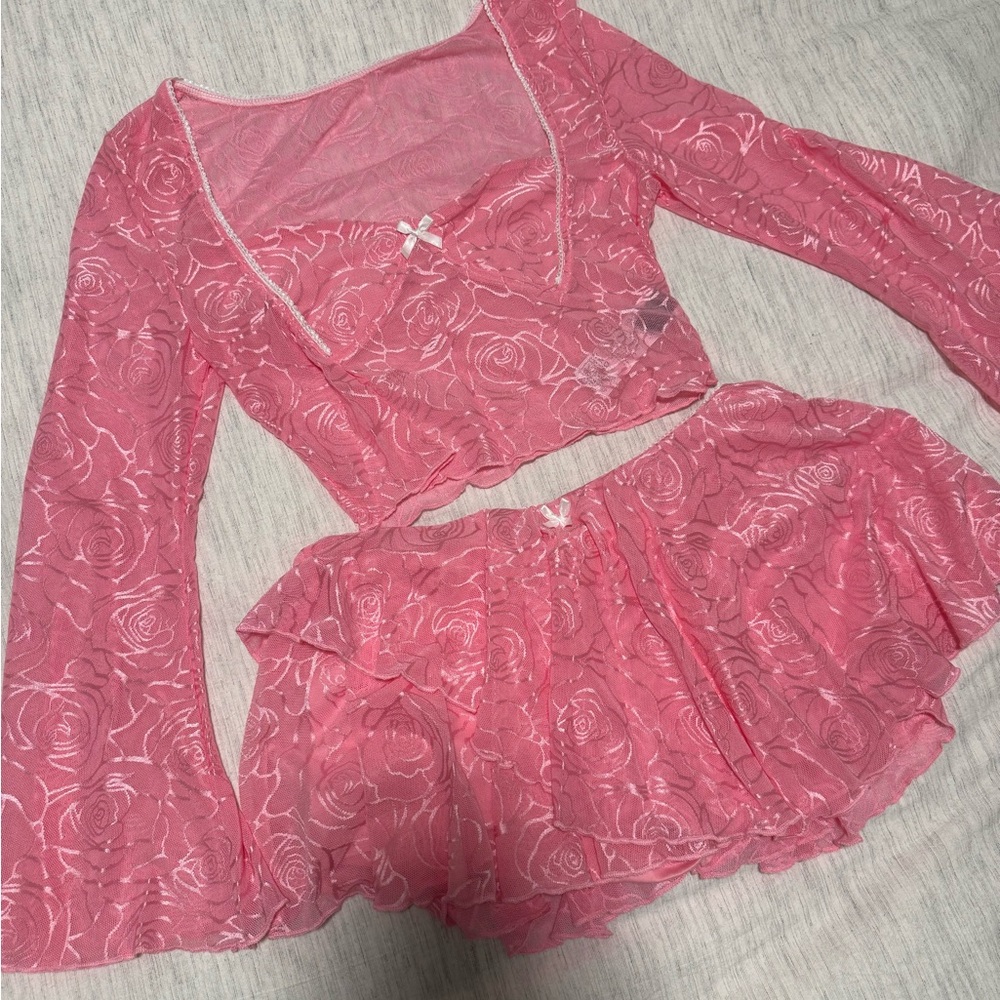 Shein Pink Floral Lace Top and Skirt Set - Medium